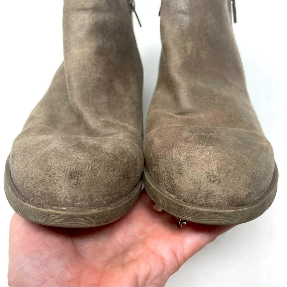 Carlos Leather Ankle Boots Side Zip Stacked Heel Size 9.5 Brown/Gray